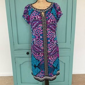 ECI New York Beaded detailed Dress. Purple/Blue/Black Print. Size 12